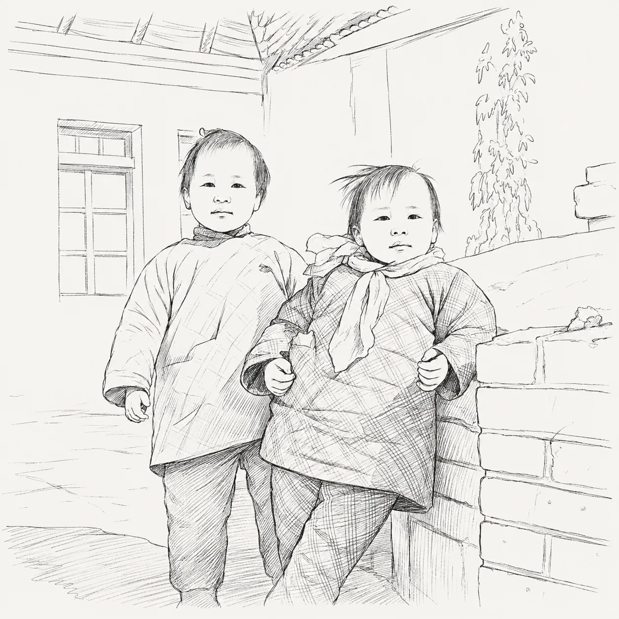 两个穿着棉衣的孩子站在院子里，左边是作者的母亲，右边是她的妹妹。
